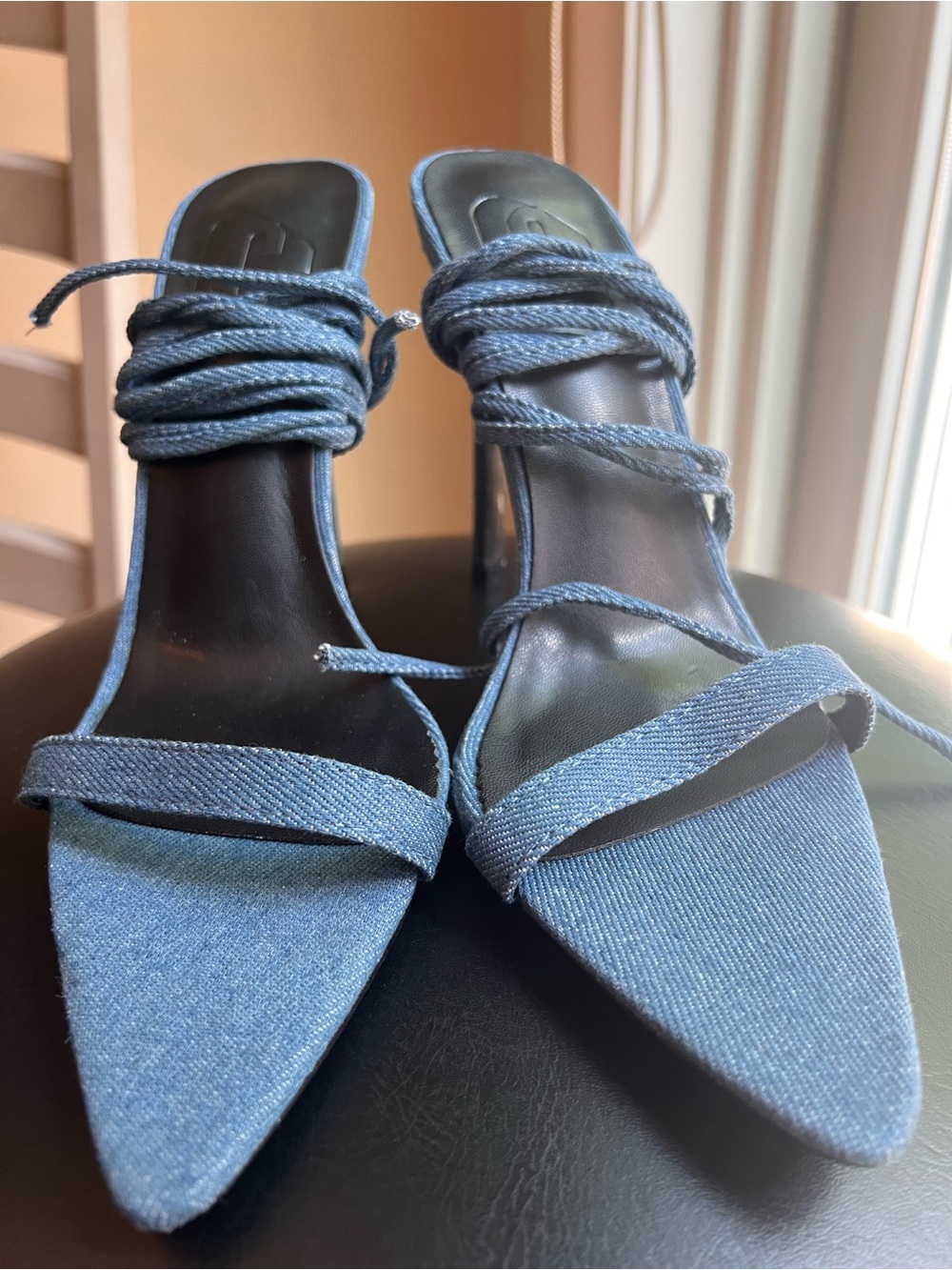 SHEIN Denim Blue Pointed-Toe Wrap Heels